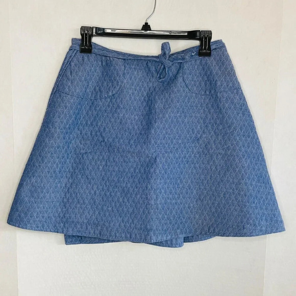 Vintage 70s Emily M Size Medium Wrap Skirt - Blue Waffle Tie Mini Pockets - Picture 1 of 5
